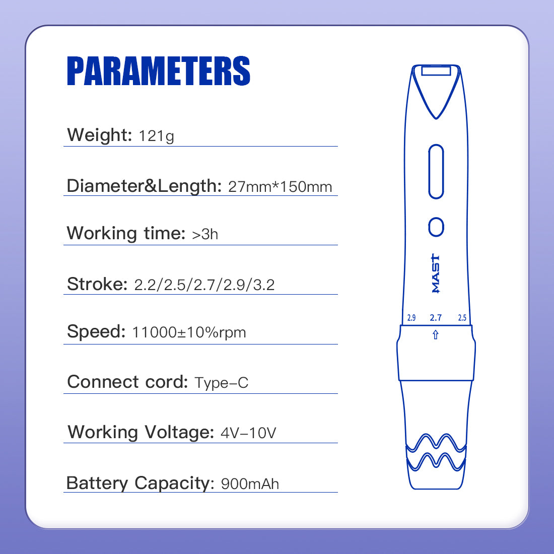 Machine à stylo de tatouage sans fil Mast P60 avec une longueur de course réglable de 2,2 mm-3,2 mm