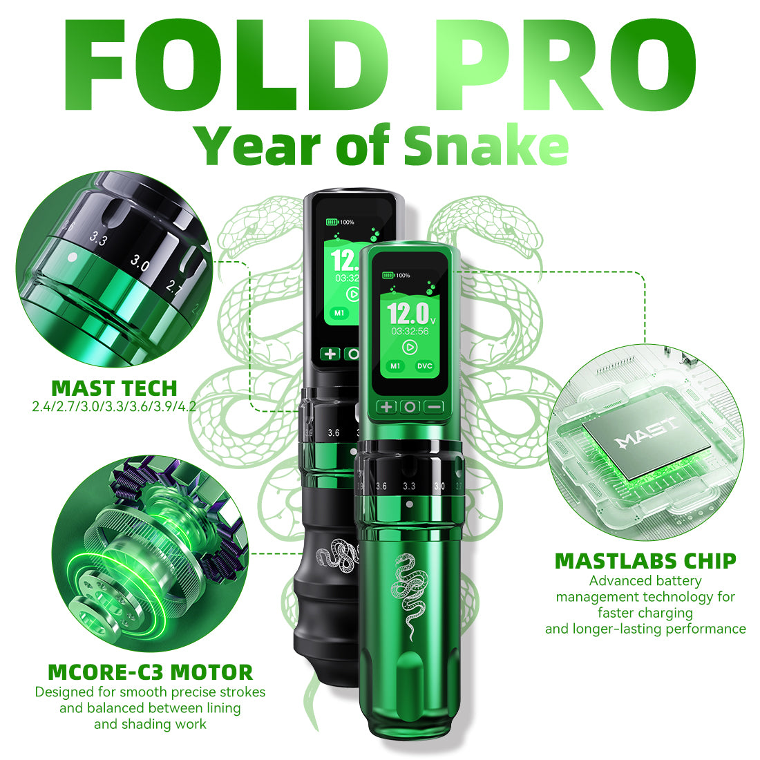 Dragonhawk Fold Pro Year of Snake Edition Tattoo Machine Machine Pen 3000 mAh Batería