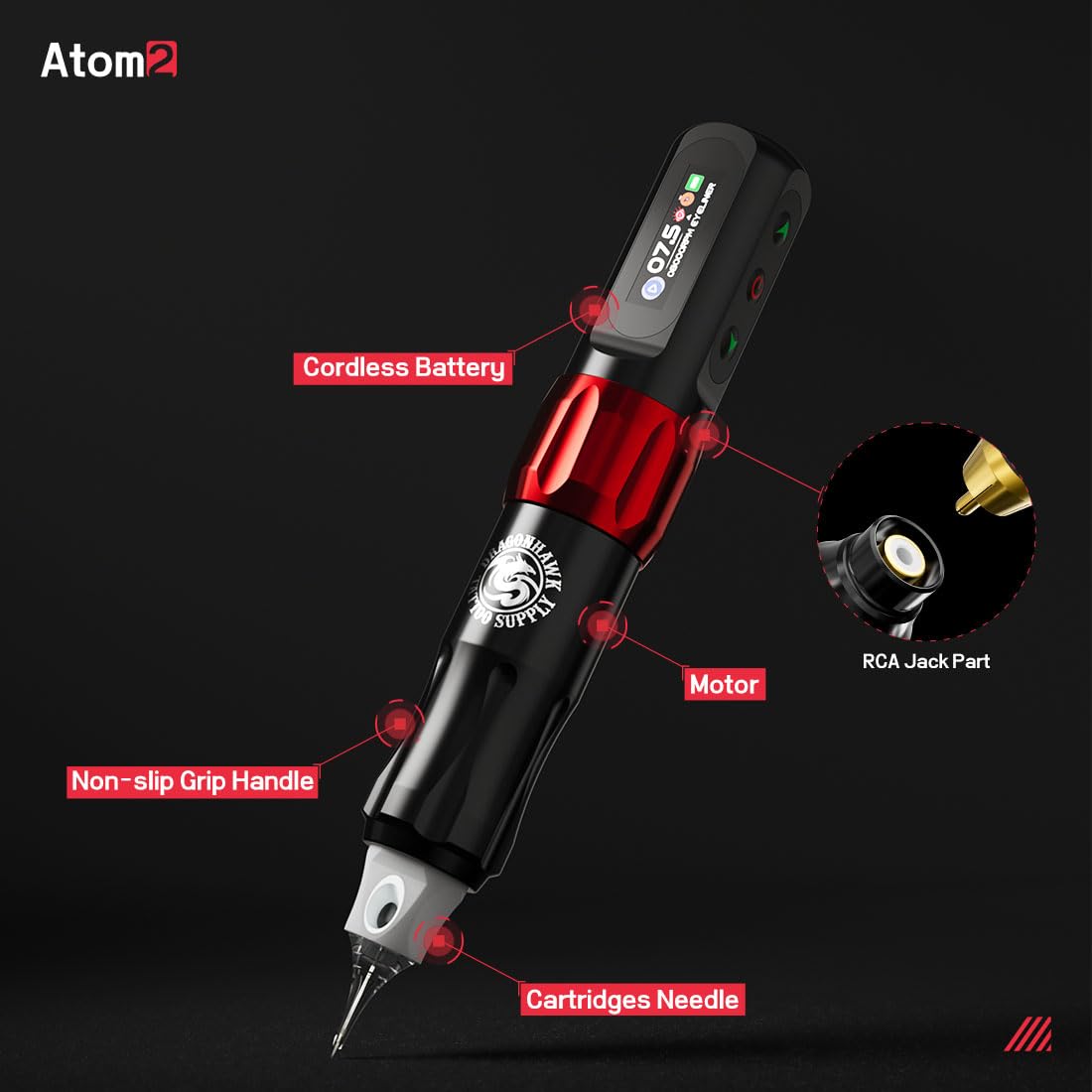 Dragonhawk ATOM2 Wireless Tattoo Machine Pen 2,8 mm Stroke RCA Jack Part Alimentation