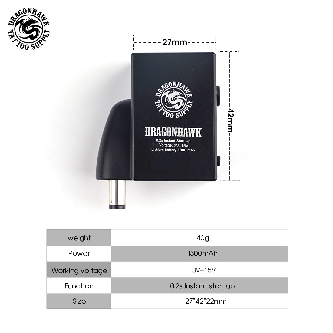 Dragonhawk B1 Wireless Tattoo Battery Power Supply RCA and DC Connect