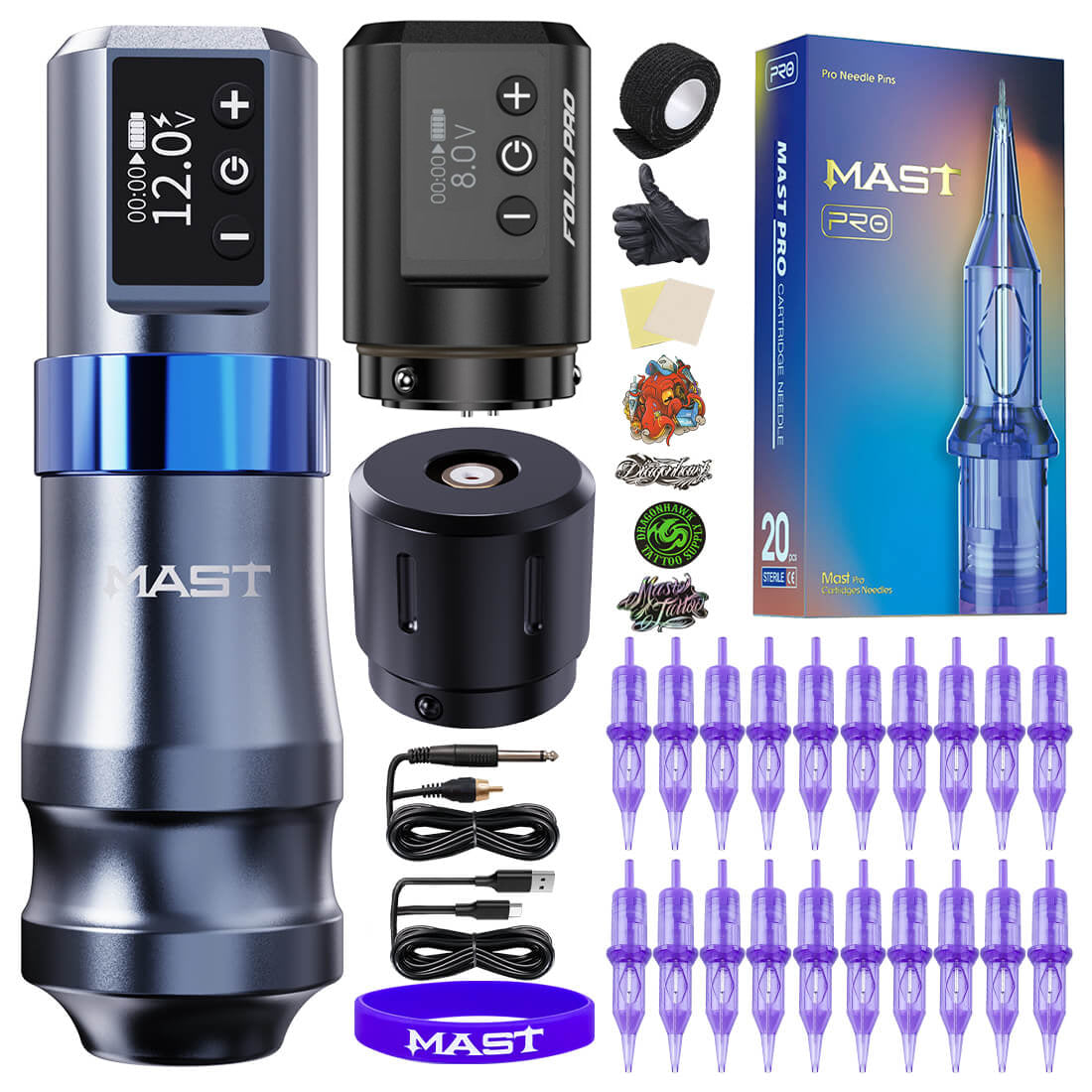 Mast Mini Wireless Tattoo Machine Kit 2 Batterijen met RCA -onderdeel