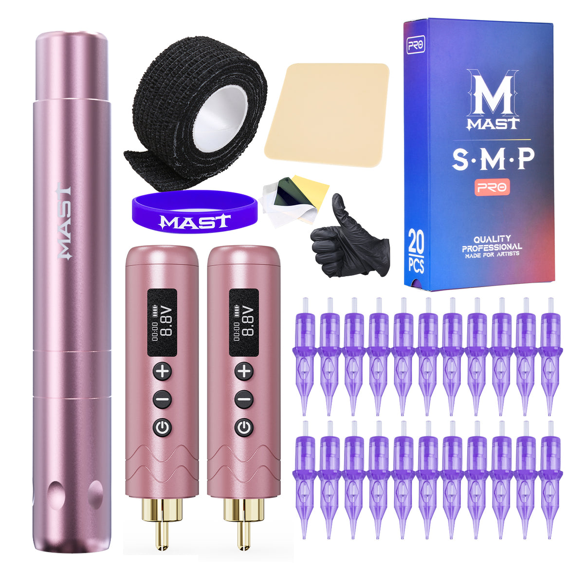 Mast Tour Air Pink Wireless Tattoo Machine Kit with Two Batteries