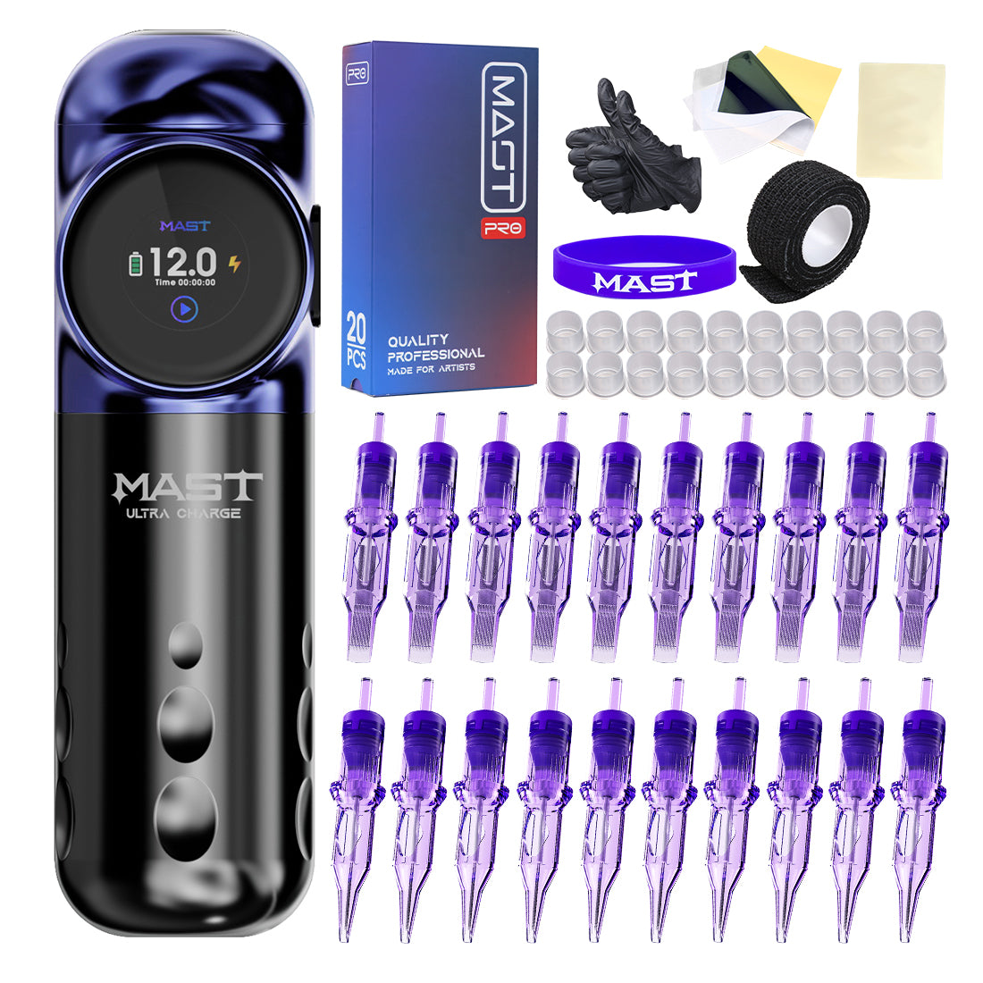 Mast Archer S Ultra Fast Charging Wireless Tattoo Kit avec des cartouches de 20 pcs à cartouches