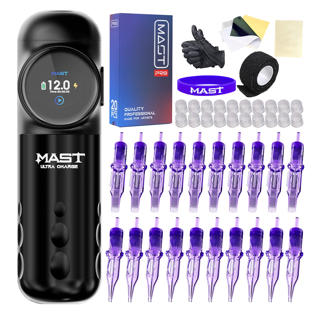 Mast Archer S Ultra Fast Charging Wireless Tattoo Kit avec des cartouches de 20 pcs à cartouches