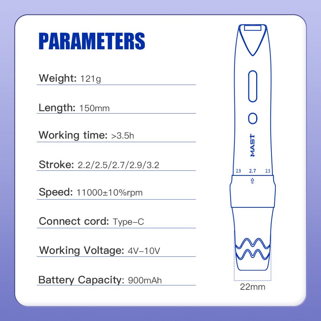 MAST P60 Wireless Tattoo Pen Machine With 2.2mm-3.2mm Adjustable Stroke Length